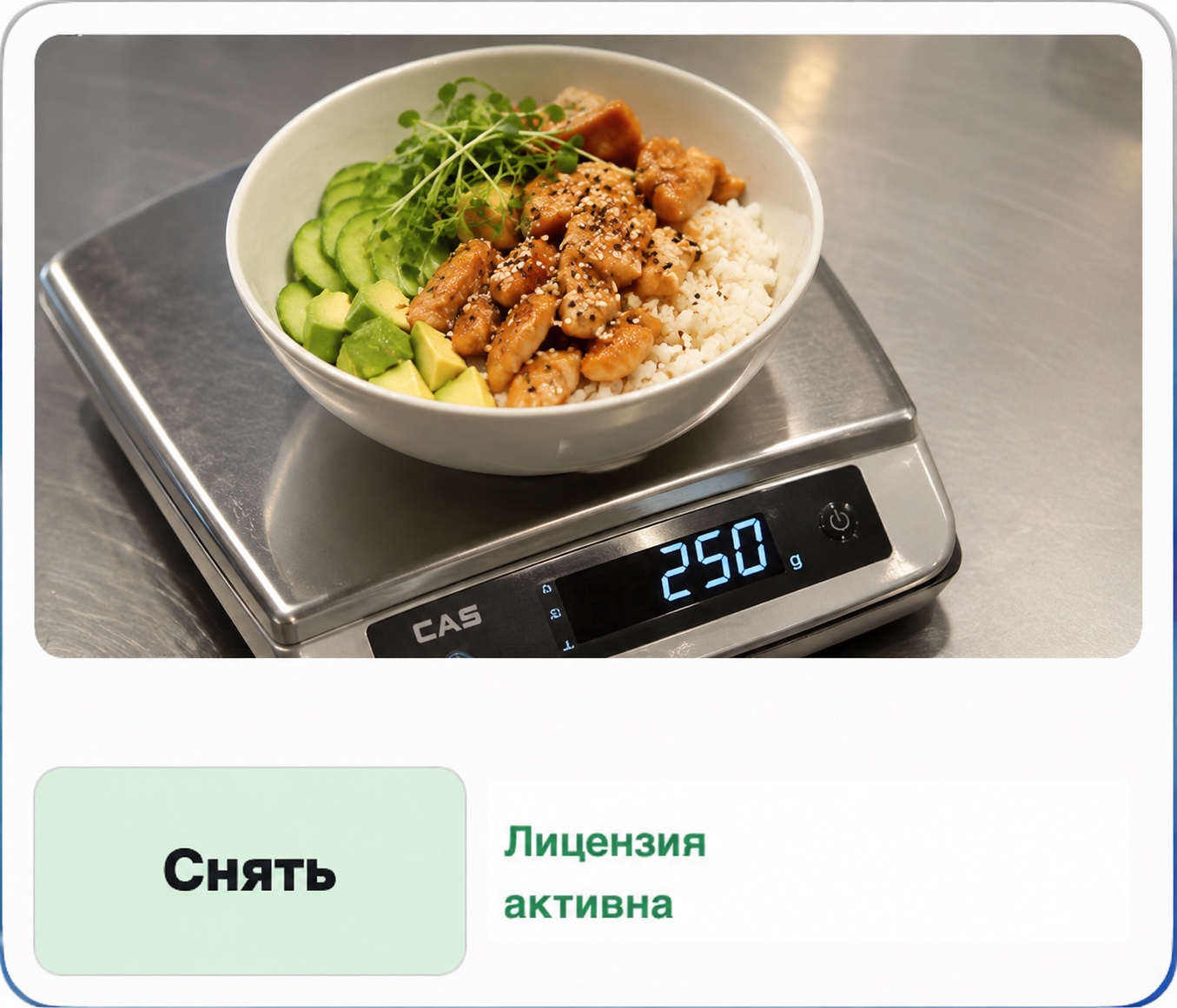 Компактное окно съёмки с предпросмотром блюда, кнопкой «Снять» и статусом лицензии